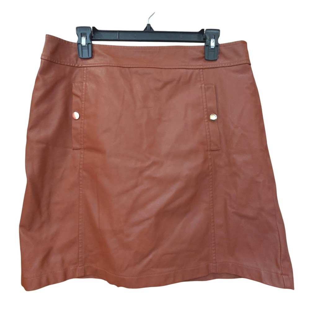 LOFT Womens Cognac Brown Faux Leather Mini Skirt Gold Snap Detail Size 12 NWOT